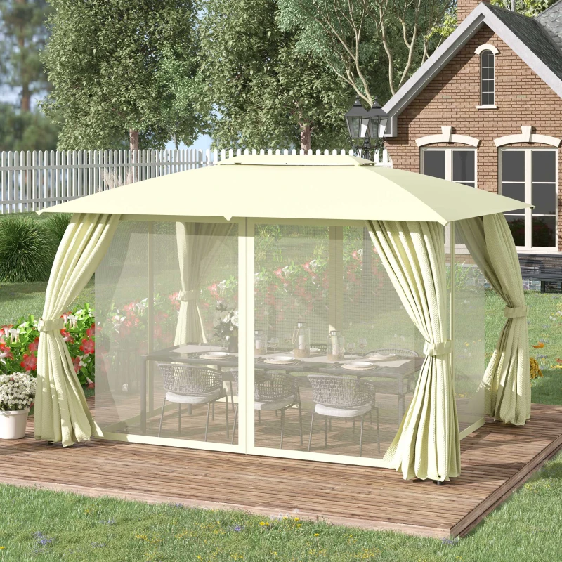 Outsunny Gazebo da Giardino 4x3m con Doppio Tettuccio, Pareti in Poliestere e Struttura in Acciaio, Beige