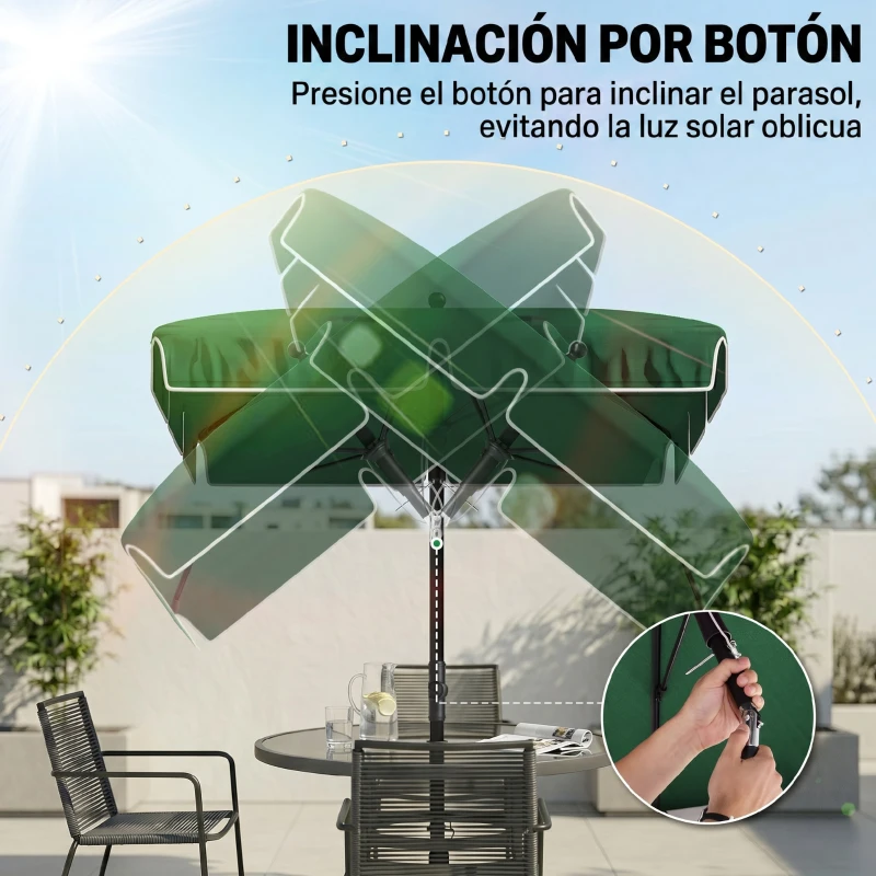 Outsunny Sombrilla de Terraza de Aluminio 2x1,3x2,5 m Parasol de Jardín Rectangular con Función de Inclinación Verde