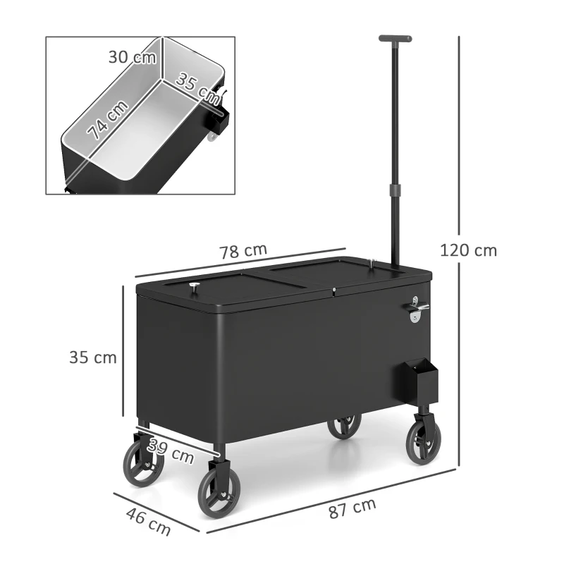 Outsunny 76L Kühlwagen Servierwagen mit Rädern Flaschenöffner Deckel Griffe Fahrbare Kühlbox Schwarz