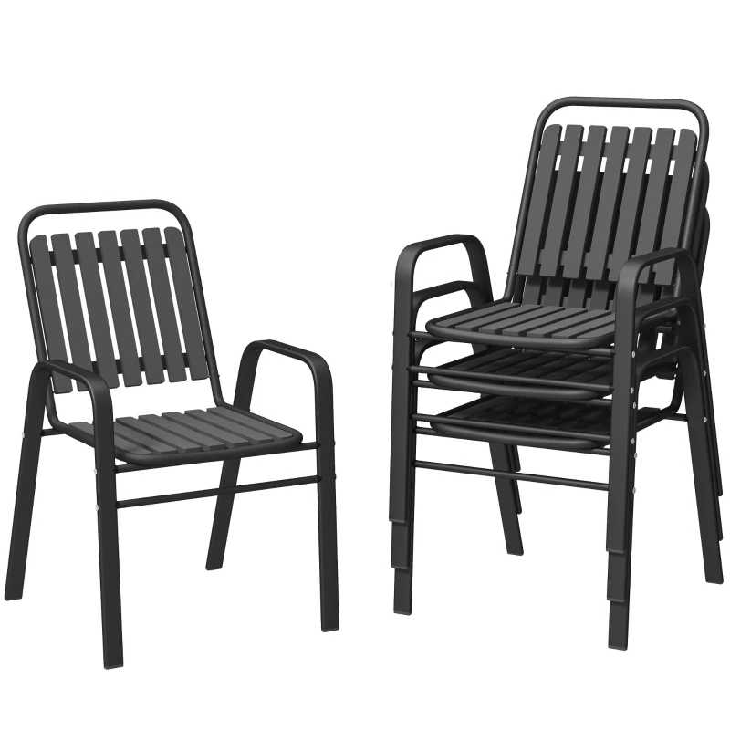 Outsunny Set 4 Sedie da Giardino Impilabili con Schienale Alto e Braccioli, in PP e Acciaio, 56x66x91 cm, Nero