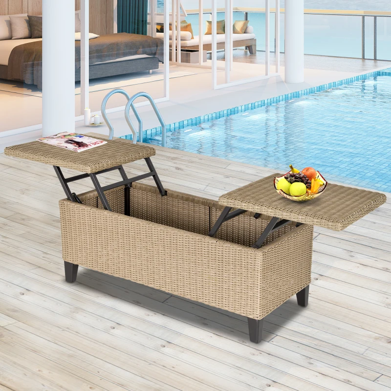 Outsunny Table basse de jardin style cosy chic - table d'appoint relevable - métal époxy résine tressée imitation rotin 103 x 50 x 45,5 cm, beige