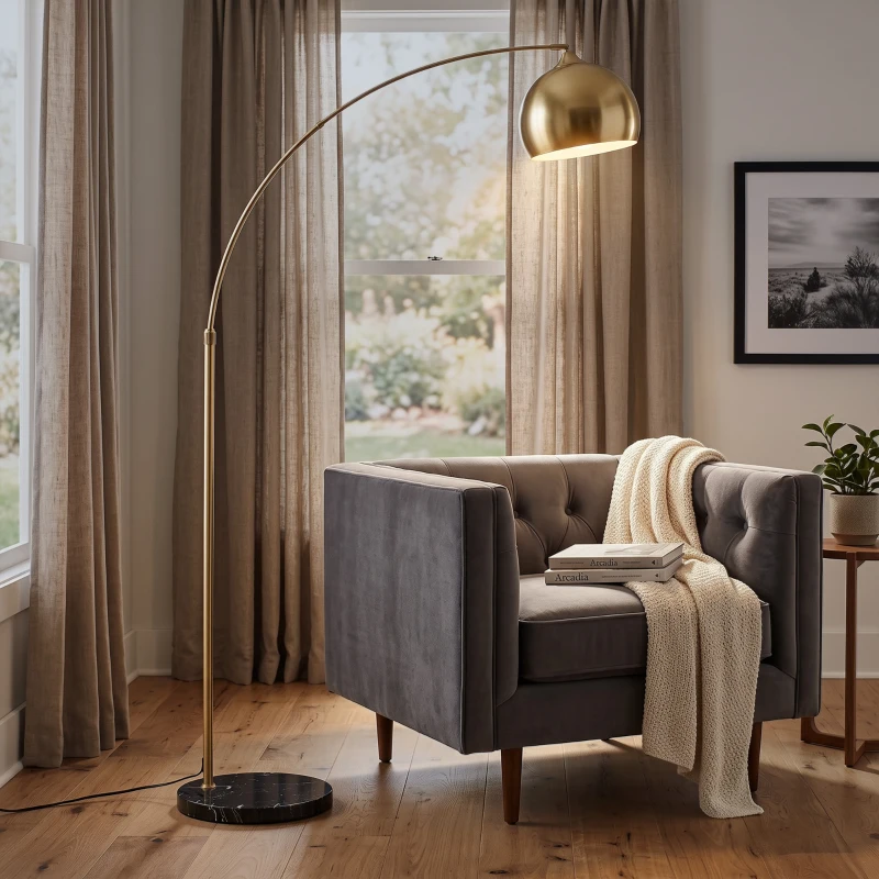 HOMCOM Candeeiro de Pé em Forma de Arco com Altura e Comprimento Ajustáveis com Interruptor de Pé 110-115x30x170-180 cm Dourado e Preto
