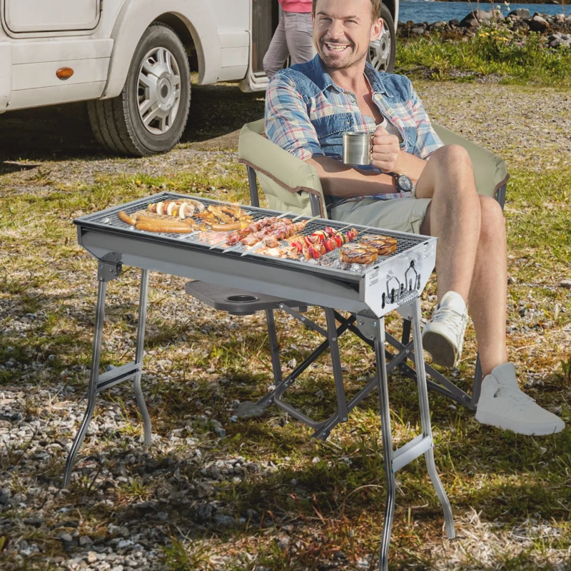 Outsunny Griglia BBQ a Carbonella, Barbecue Portatile e Pieghevole in Acciaio Inox 73×33×71cm