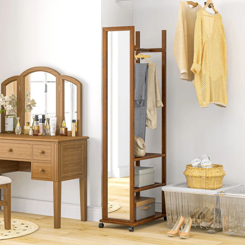 HOMCOM 2-in-1-Spiegel Spiegel Ganzkörperspiegel Garderobe, 1 Kleiderstange, 3 Regale, 35,8 x 59,8 x 170 cm, Natur