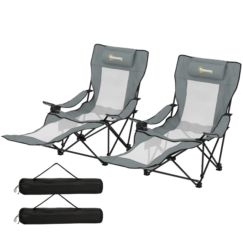 Outsunny Lot de 2 Chaises de Camping Pliante Inclinable 4 Positions, Repose-Pieds Amovible, Porte-Gobelet, 125x80x90cm, Gris