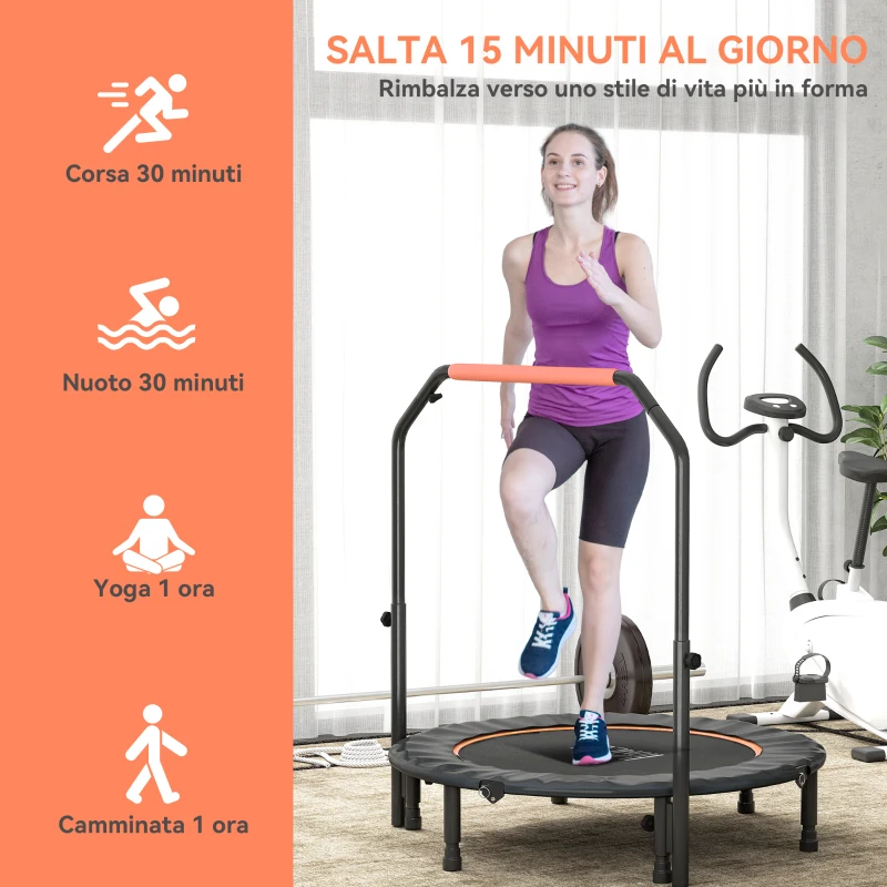HOMCOM Mini Trampolino Fitness Ø114 cm Pieghevole con Manubrio Regolabile in Altezza, Arancione e Nero
