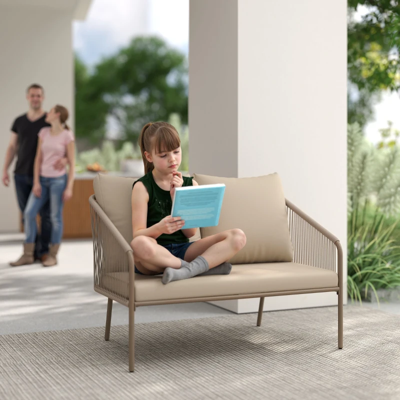 Outsunny Divano da Giardino 2 Posti Stile Boho in Rattan PE e Acciaio con Cuscini, 112x72x76, Beige