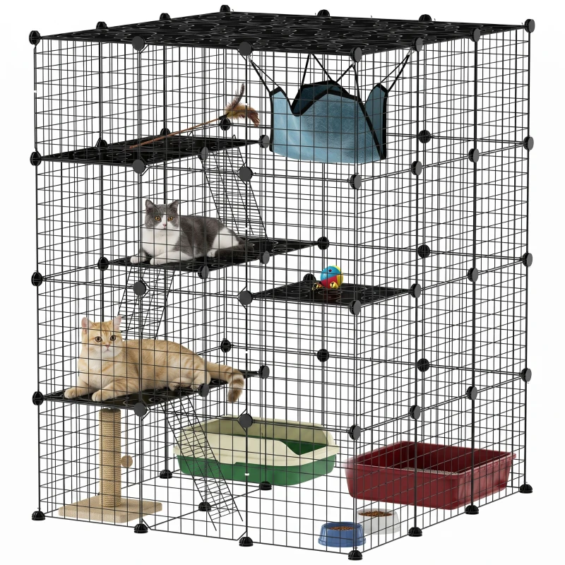 PawHut Cușcă Modulară pentru Pisici cu 4 Niveluri, cu Platforme, Rampe și 5 Uși, din Oțel și PP, 105x105x140 cm, Negru
