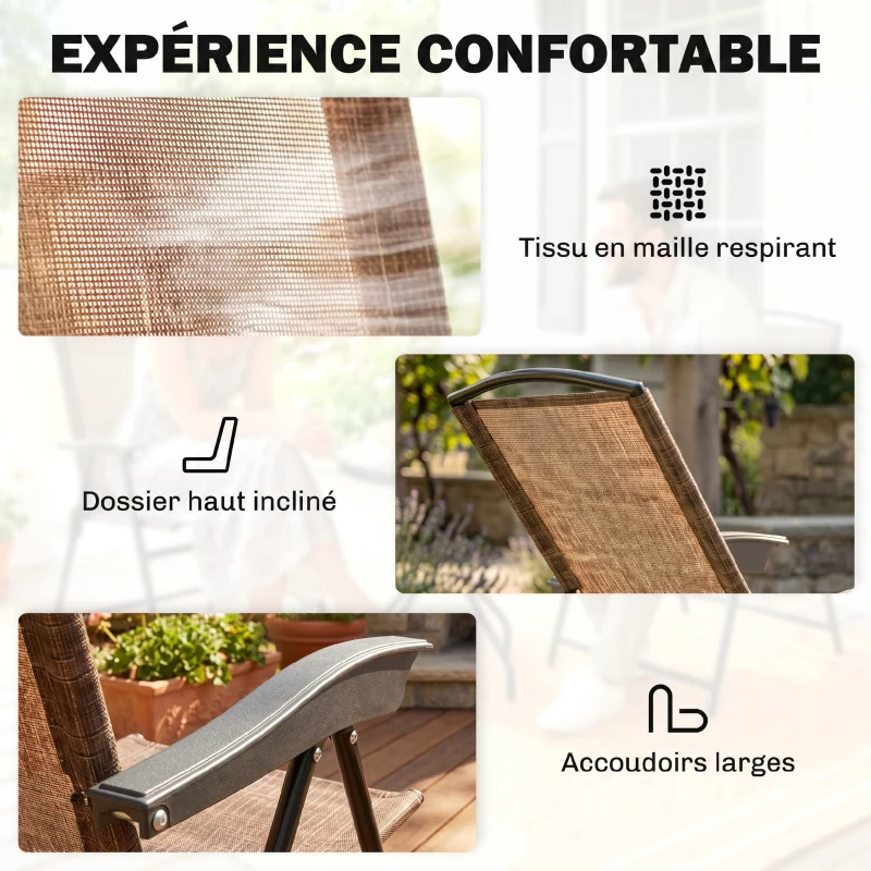 Outsunny Ensemble de Jardin 3 pièces 2 chaises inclinables Multi-Positions Pliables + Table Ronde Verre trempé métal