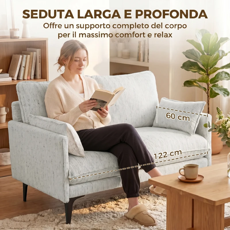 HOMCOM Divano 2 Posti in Tessuto con Braccioli, Imbottitura Spessa e 2 Cuscini, 131x78x83 cm, Bianco