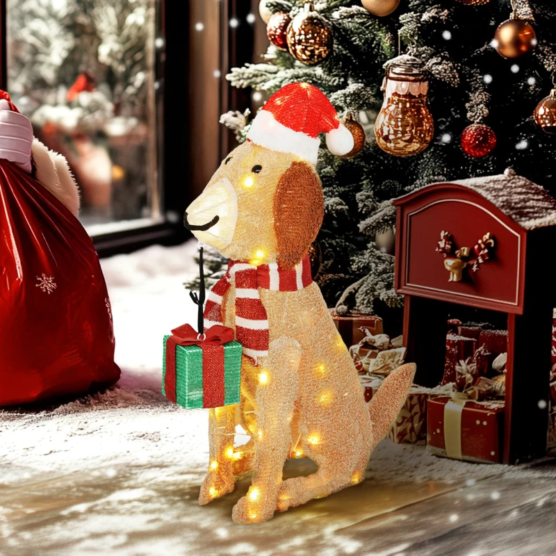 Outsunny Weihnachtsdekoration, Beleuchteter Weihnachtswelpe mit 74 warmweißen LED-Lichtern, 64 x 20 x 70 cm, Gelb