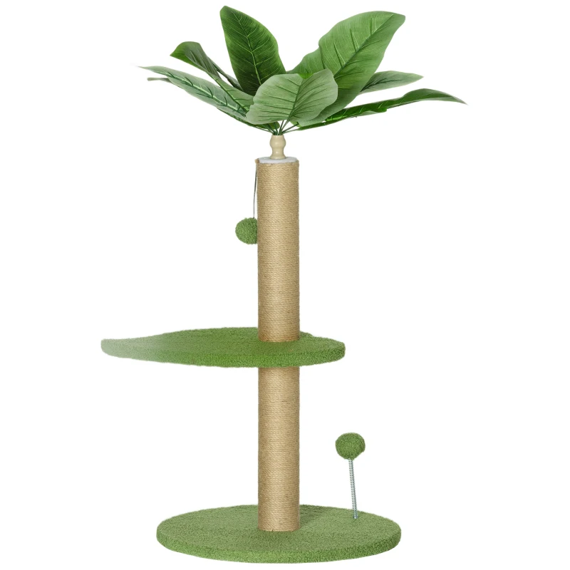 PawHut Árbol Rascador para Gatos 83 cm con Hojas Artificiales, Poste de Yute, Plataformas de Felpa, 2 Juguetes de Bolas, Verde