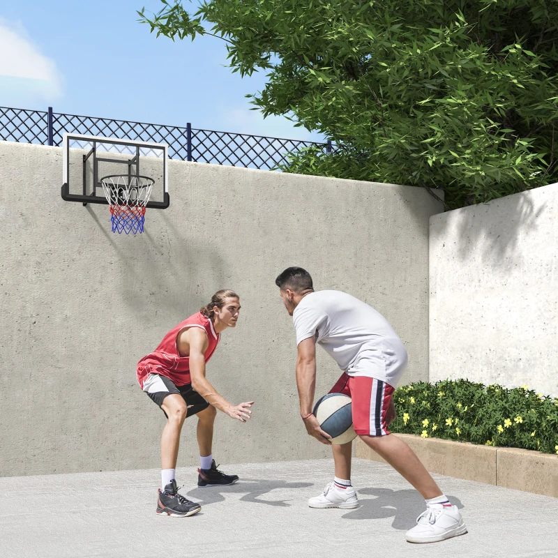 SPORTNOW Coș de baschet de perete pentru exterior 110x90 cm, panou de baschet, inel din oțel, cerc rezistent Ø45 cm și plasă, negru
