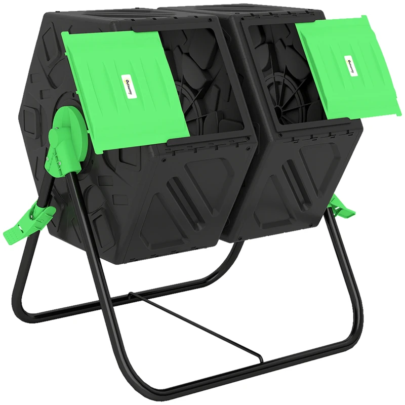 Outsunny Composteur de jardin bac à compost pour déchets rotatif 360° double chambre 130 L acier PP 67 x 60 x 77 cm noir