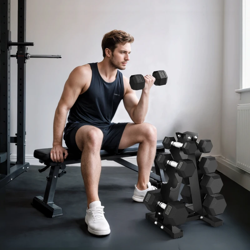 SPORTNOW Set Gantere Hexagonale pentru Sală cu Suport și Mânere Antialunecare, 2x2kg, 2x5kg, 2x8kg, 2x10kg, Negru
