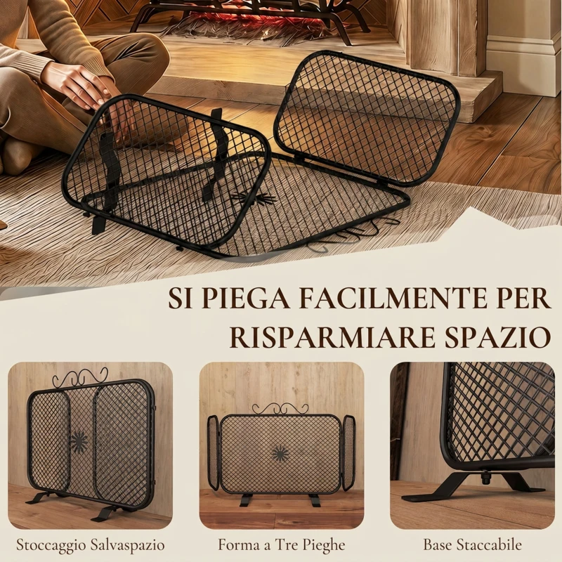 HOMCOM Parascintille Camino Pieghevole a 3 Pannelli in Metallo con Base Rimovibile, 90x16x40 cm, Nero