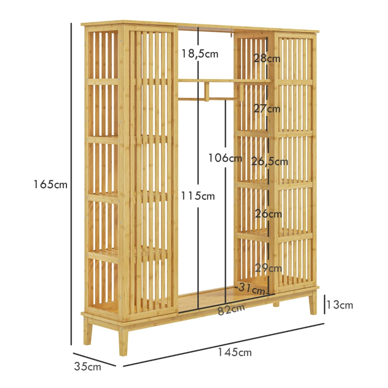 HOMCOM Armadio Aperto in Bambù con 2 Ante Scorrevoli, Ripiani Aperti e Barra Appendiabiti, 145x35x165cm