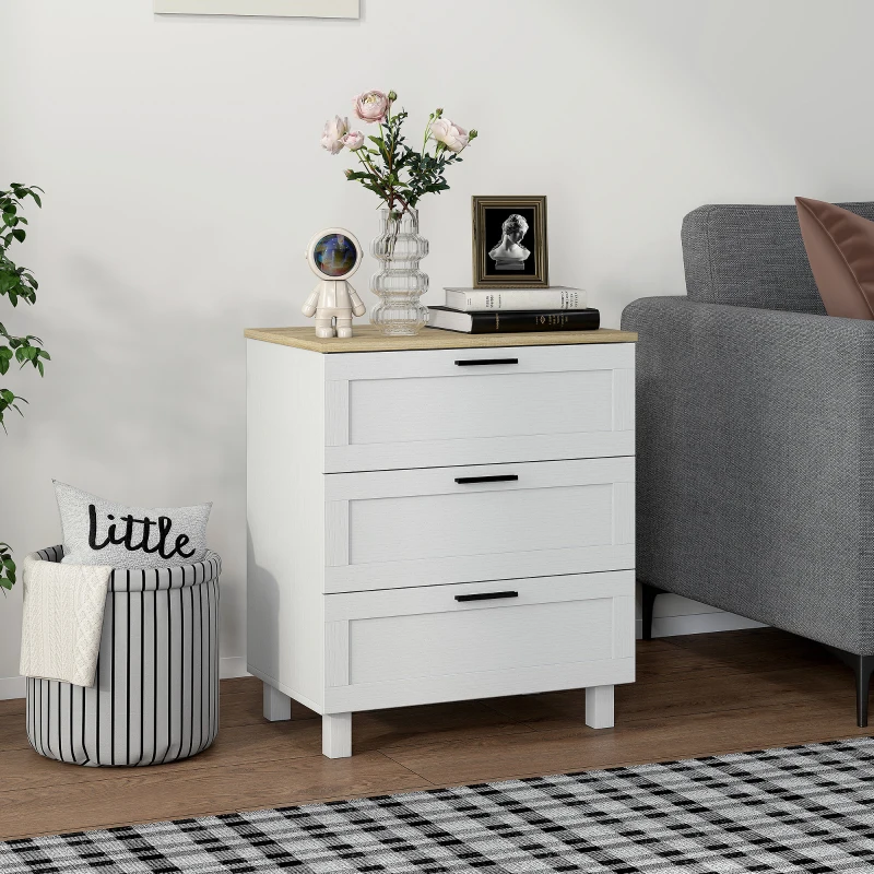 HOMCOM Comodă cu 3 Sertare Modernă din Lemn, 60x38x71 cm, Alb și Aspect de Lemn