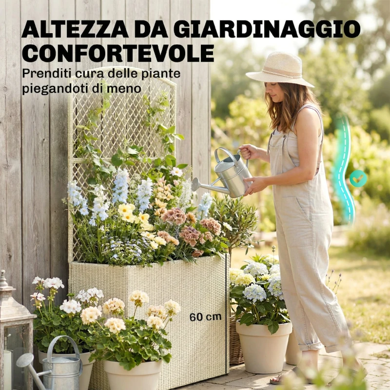 Outsunny Fioriera in Rattan con Traliccio, Letto Rialzato per Piante Rampicanti, Beige