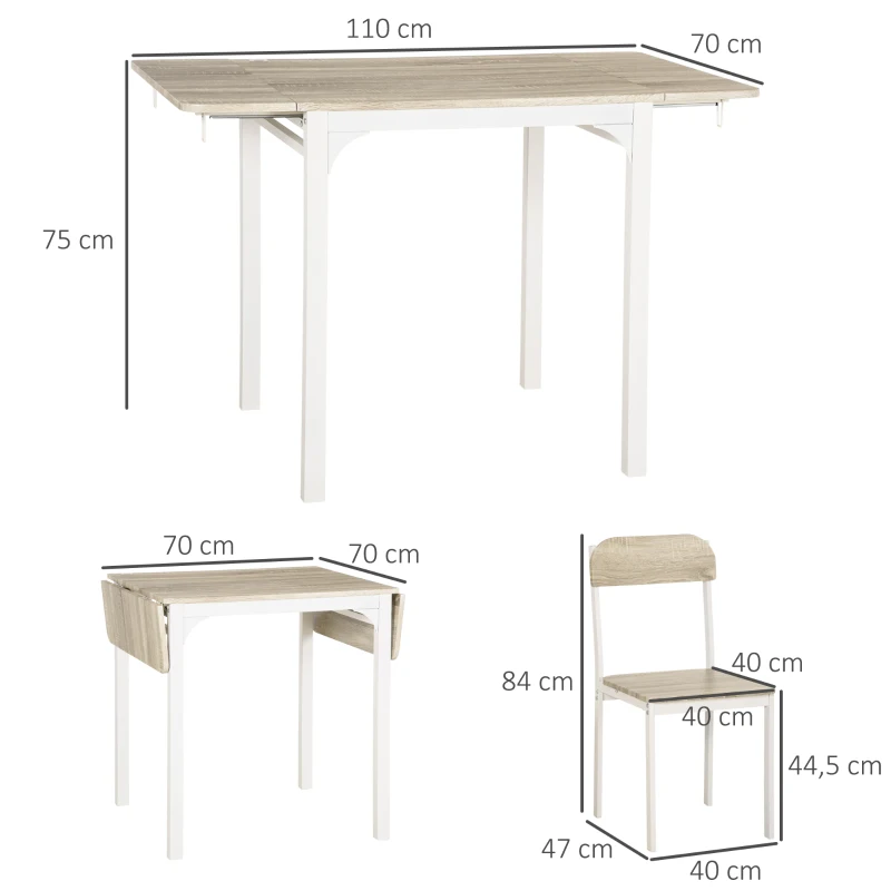 HOMCOM Conjunto de 2 Peças Mesa de Jantar Dobrável com 2 Cadeiras Mesa Dobrável 110x70x75 cm Branco e Natural