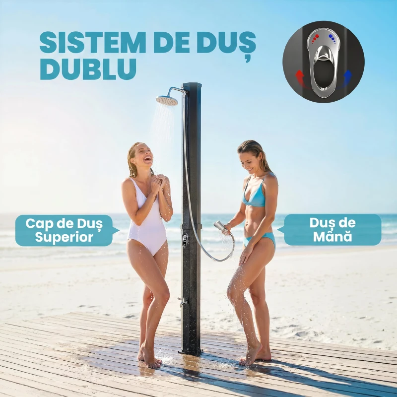 Outsunny Duș Solar 60L, Duș de Grădină Exterior cu 2 Capete de Duș Încălzit, Negru