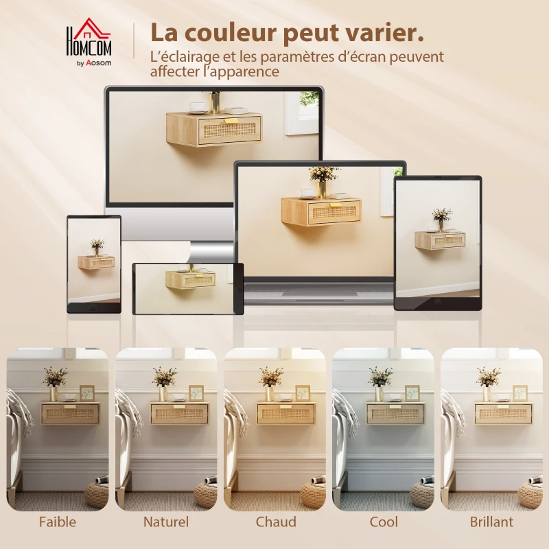 HOMCOM Lot de 2 tables de chevet murales, tables de nuit suspendues avec tiroir en effet rotin, 40 x 30 x 15 cm, chêne
