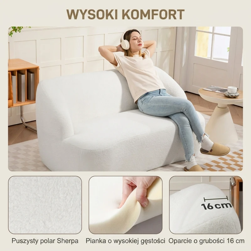 HOMCOM Modern 2 Seater Sofa, 142cm Loveseat with Curved Design, Upholstered Sherpa Fleece Small Sofa for Living Room, Bedroom, Home Office, No Assembly Required, Cream White