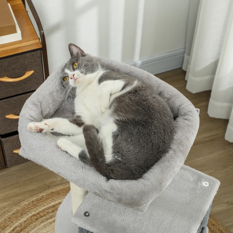 PawHut Albero per Gatti Multilivello Alto 104 cm con Casetta, Lettino, Pali Tiragraffi, Spazzola e Pallina, Grigio