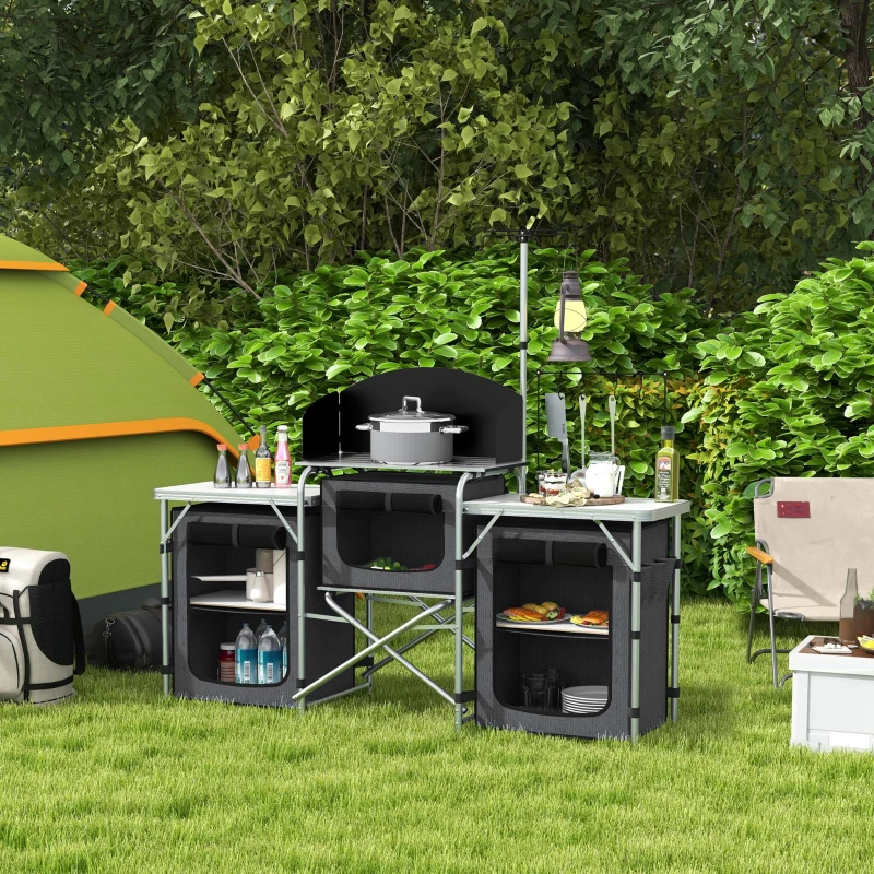 Outsunny Cucina da Campeggio Pieghevole a 3 Piani con 5 Ripiani Interni e 4 Ganci, 172x48x130 cm, Nero