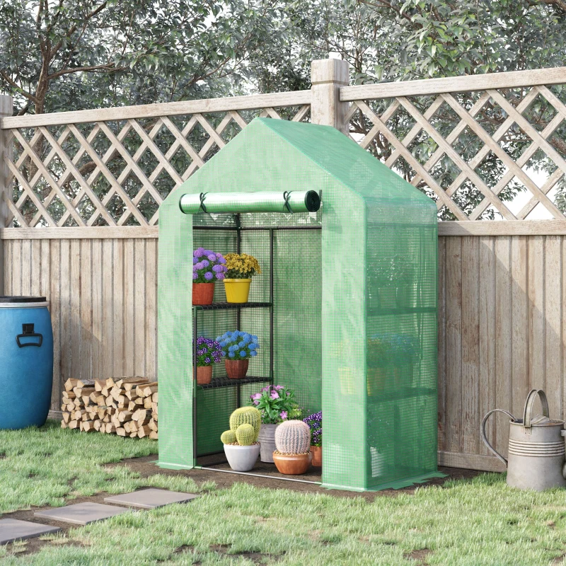 Outsunny Invernadero de Jardín 141x72x191 cm Vivero Casero con 4 Estantes Puerta Enrollable Cubierta de PE 140g/m² y Marco de Acero para Cultivos Plantas Macetas Flores Verde
