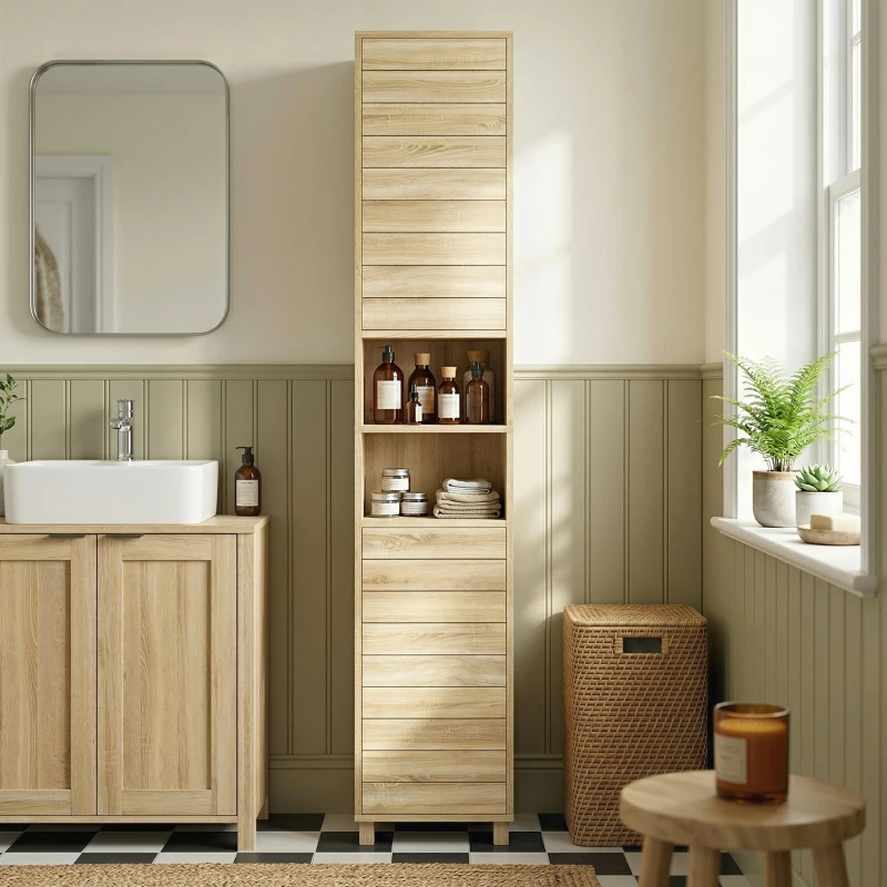 HOMCOM Armario Alto para Baño con Estantes Ajustables Puertas de Lamas Apertura por Presión 34x23x170 cm Natural