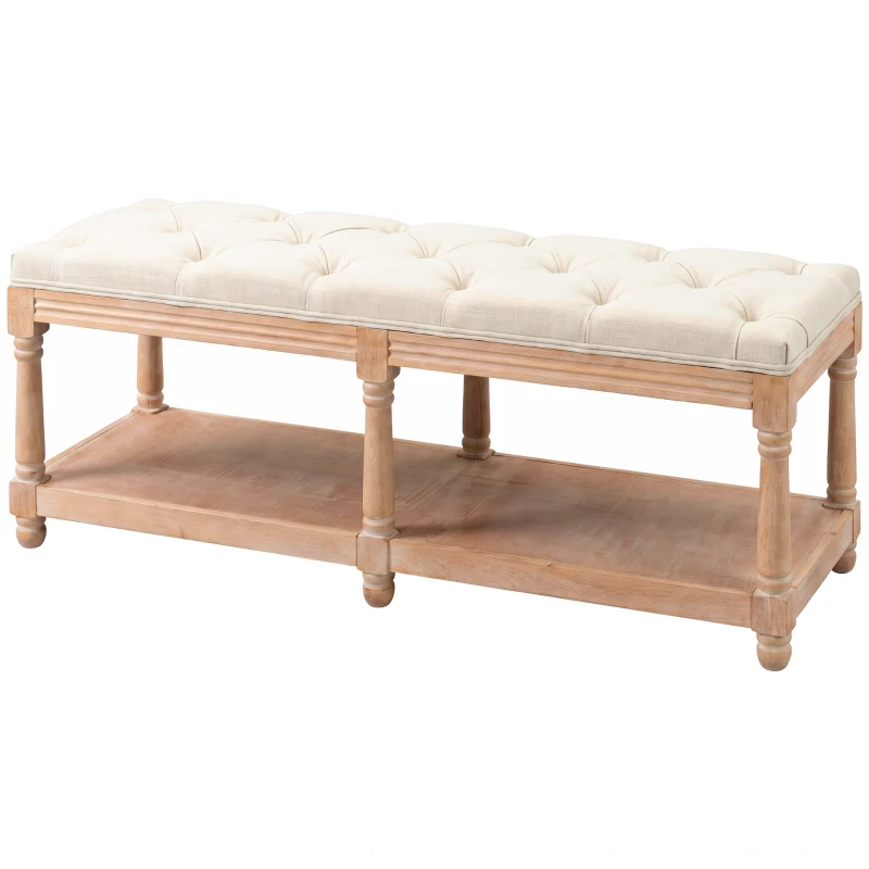 HOMCOM 2-Tier Bed End Bench, Vintage Stool, Wooden Window Seat with Storage Shelf, Button Tufted Upholstered Footstool for Living Room, Bedroom, Entryway, Cream White