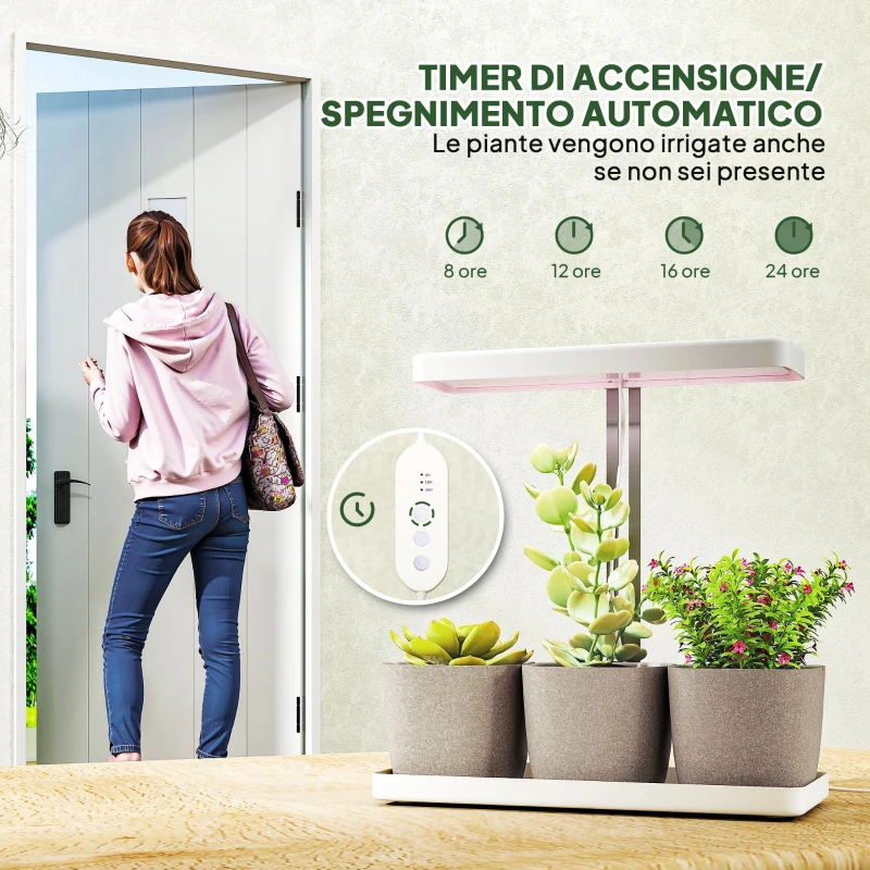 Outsunny Lampade per Pianta da 42 Luci LED con 3 Vasi, Timer e Illuminazione Regolabile, 45x18.8x47.8 cm, Bianco