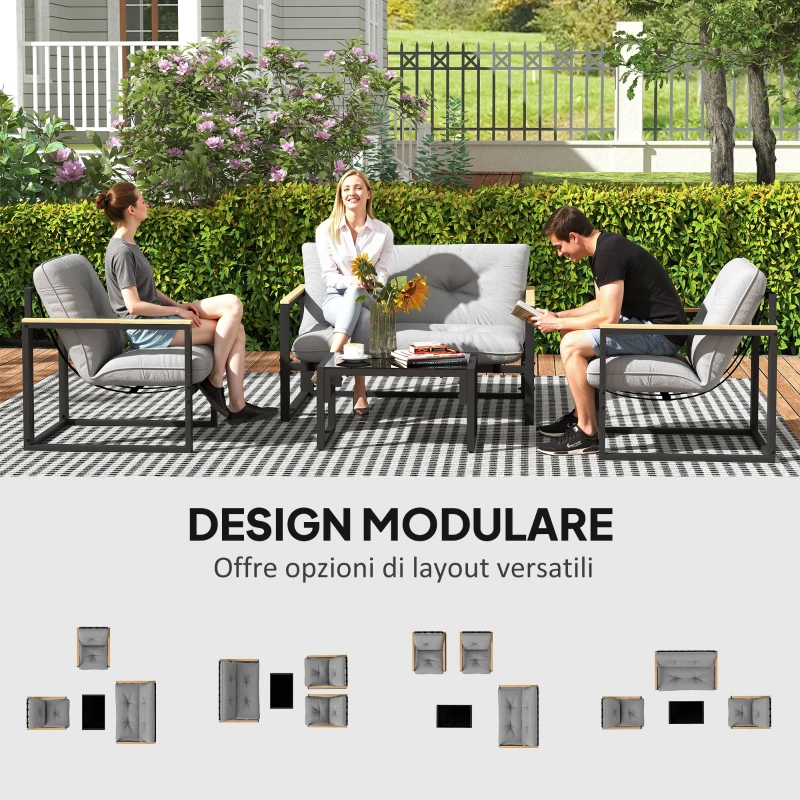 Outsunny Set da Giardino 4 Pezzi con 2 Sedie, Divanetto 2 Posti e Tavolino, in Acciaio e Poliestere Grigio Chiaro e Nero