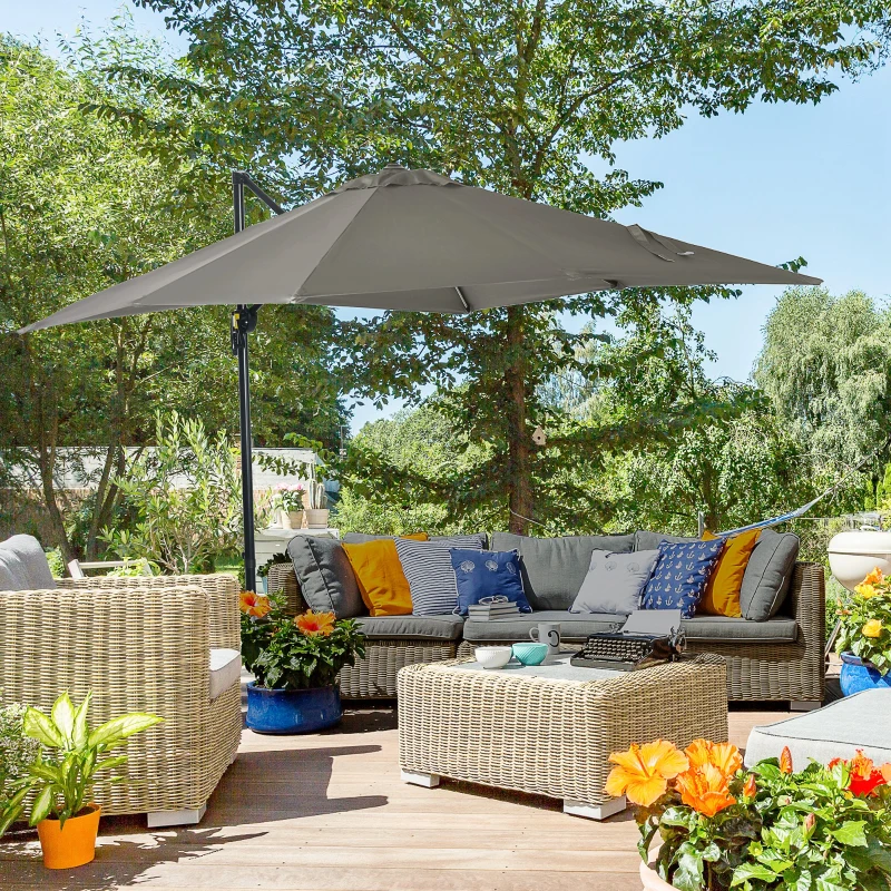 Outsunny Umbrelă de grădină cu manivelă 2,5x2,5 m, cu rotație 360° și parasolar reglabil, gri deschis