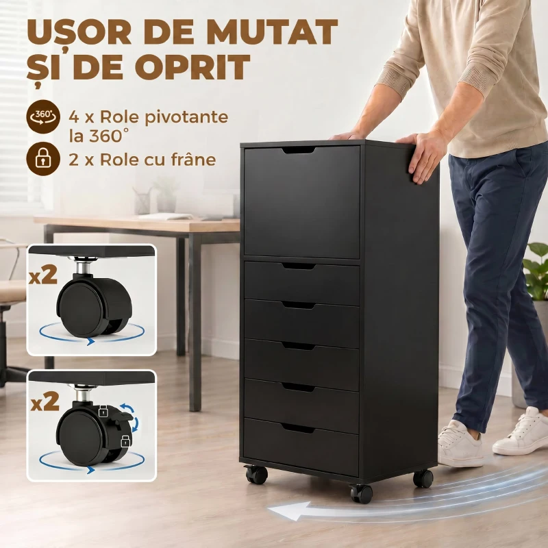 HOMCOM Fișet de Birou cu 5 Sertare și Roți, Negru