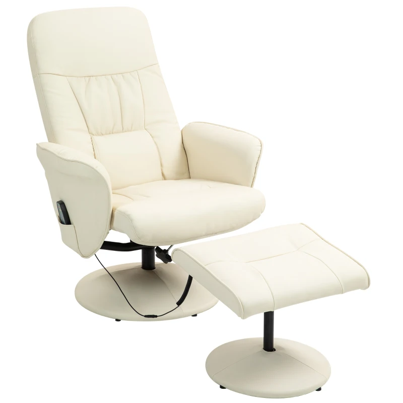 HOMCOM Poltrona de Massagem com Pufe Cadeira Ergonômica com 10 Pontos de Vibração Couro Sintético 76x81x105 cm Creme Branco