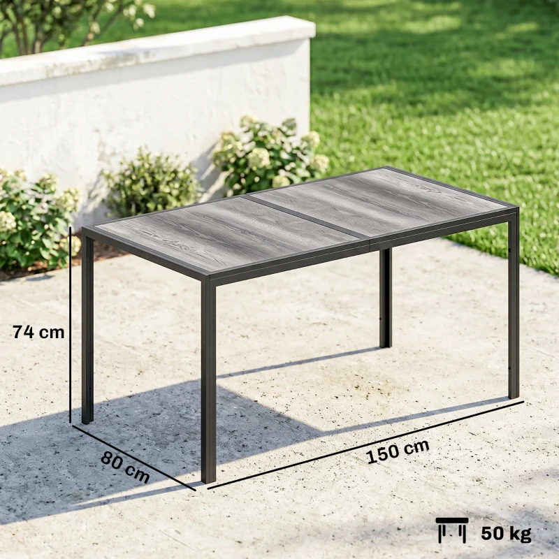 Outsunny Tavolo da Giardino 4-6 Persone con Piano Effetto Legno, in Acciaio e Plastica PSPC, 150x80x74 cm, Grigio e Nero