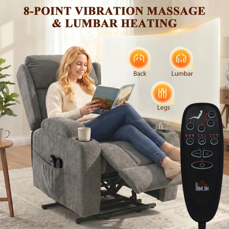 HOMCOM Power Lift Recliner Chair with Vibration Massage and Heat, Chenille Riser and Recliner Armchair for Elderly, Grey
