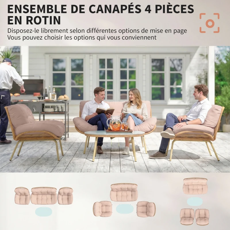 Outsunny Salon de Jardin 4 Pièces en Résine Tressée Coussin 12 cm Ultra Épais Canapé 138 cm 2 Fauteuils et Table Basse Beige