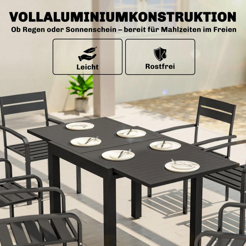 Outsunny Gartentisch Ausziehbarer 80/160 x 80 cm Aluminium Esstisch für 4-6 Personen, Rechteckig mit Lamellenplatte