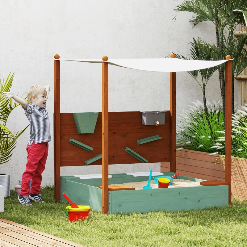 AIYAPLAY Wood Sandpit with Canopy, Storage Bins, Funnel, Liner, Chutes, Bucket with Tap, 116 x 112.5 x 128 cm, Green