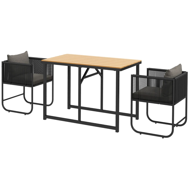 Outsunny Salon de jardin ensemble 3 pièces avec 1 table et 2 fauteuils 4 coussins table en composite plateau aspect bois noir