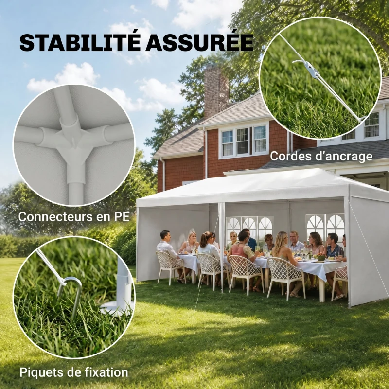 Outsunny Tonnelle de jardin, tente de réception avec Fenêtres et parois latérales amovibles, pour fêtes et mariages, 6 x 3 m blanc