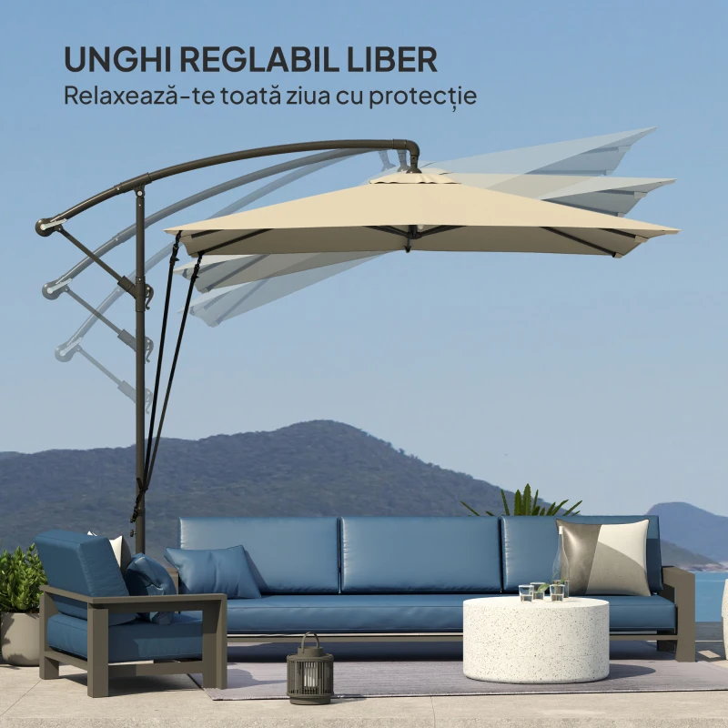 Outsunny Umbrelă Reglabilă, cu Manivelă, 247x247 cm, Bej