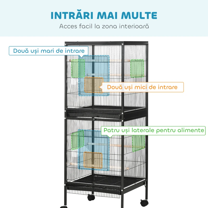 PawHut Colivie Volieră pentru Păsări de Interior cu Roți și Tăvi Detasabile, 51.5x50x140 cm, Negru