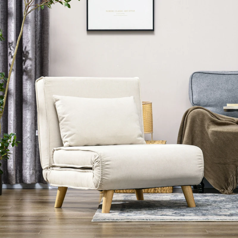 HOMCOM Sillón Cama Individual 2 en 1 Sofá Cama Plegable con Respaldo Ajustable y Cojín para Sala Dormitorio 72x78x79 cm Crema