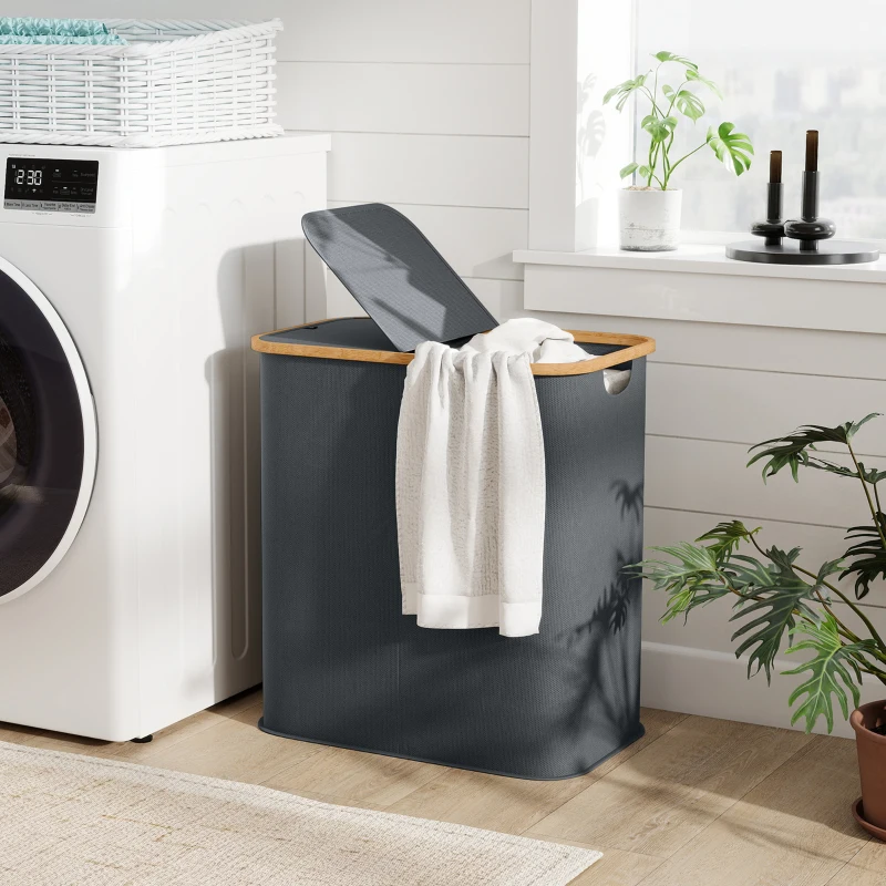 HOMCOM Panier à linge double pliable 80 L corbeille à linge sale avec couvercle, poignées rainurées, gris