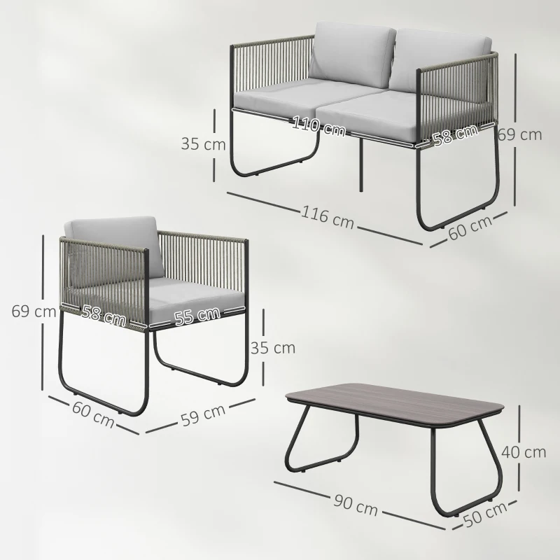 Outsunny Set da Giardino Rattan con Divanetto 2 Posti, 2 Poltrone e Tavolino in Vetro, Cuscini Sfoderabili, Grigio