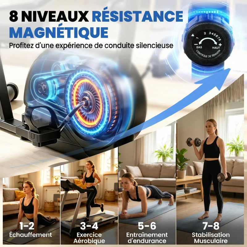 SPORTNOW Vélo d'Appartement Magnétique Vélo Couché Semi-allongé Silencieux Connecté Kinomap 8 Niveaux 136x56x106cm Bleu